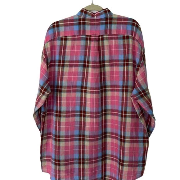 Faconnable Men’s Large Linen Pink Plaid Button Down Shirt in Preloved Condition - Picture 2 of 11